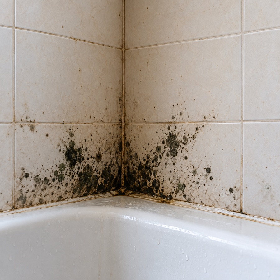 Piastrelle del bagno con muffa vicino alla vasca